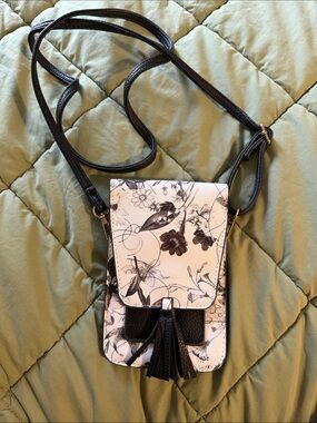 Floral Black & White Crossbody Phone Bag with Tassel